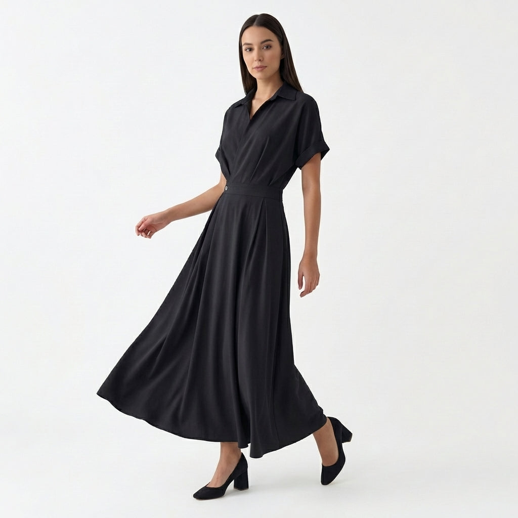 Rivaclo | Women's Short Sleeve Button-Up Dress with Collar – Maxi