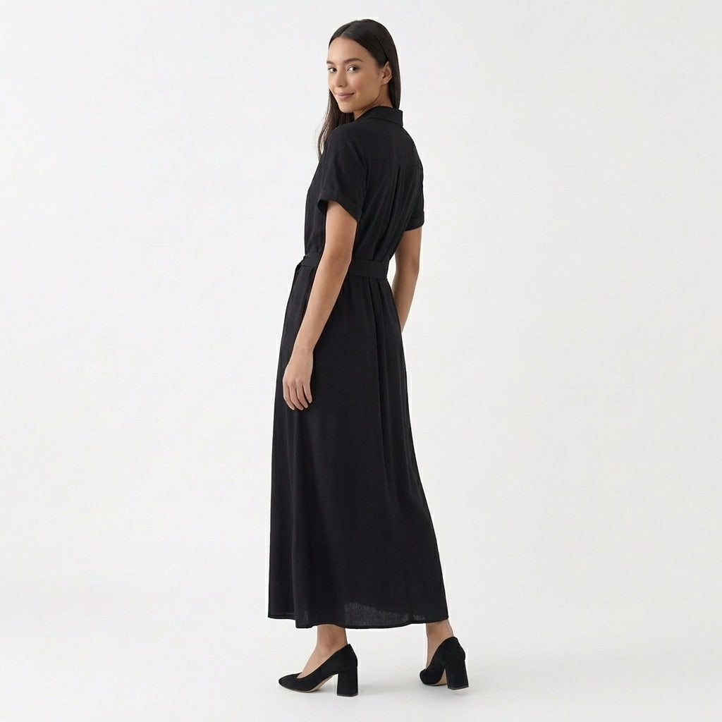 Rivaclo | Women's Short Sleeve Button-Up Dress with Collar – Maxi