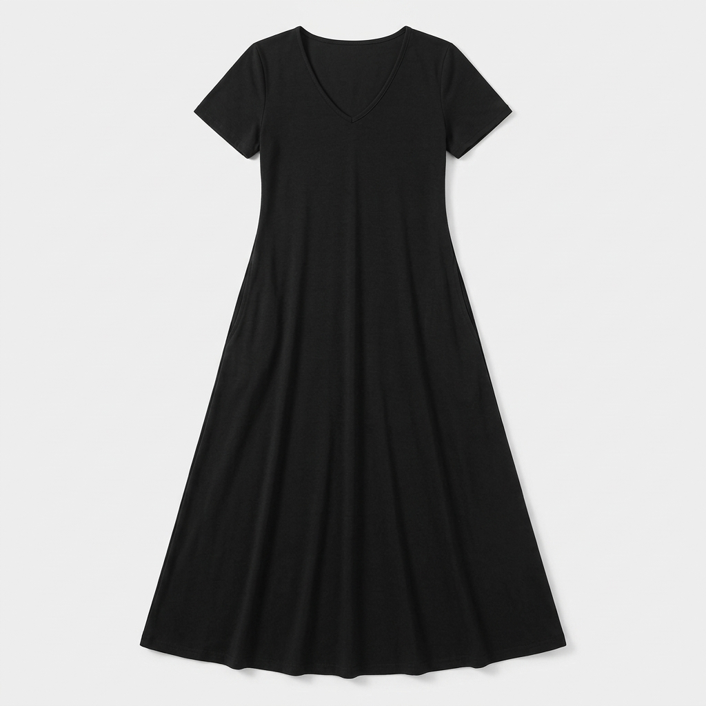 Rivaclo | Femme Robe Manches Courtes Col V – Design Midi Fluide
