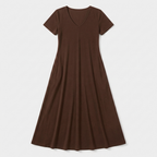 Rivaclo | Femme Robe Manches Courtes Col V – Design Midi Fluide