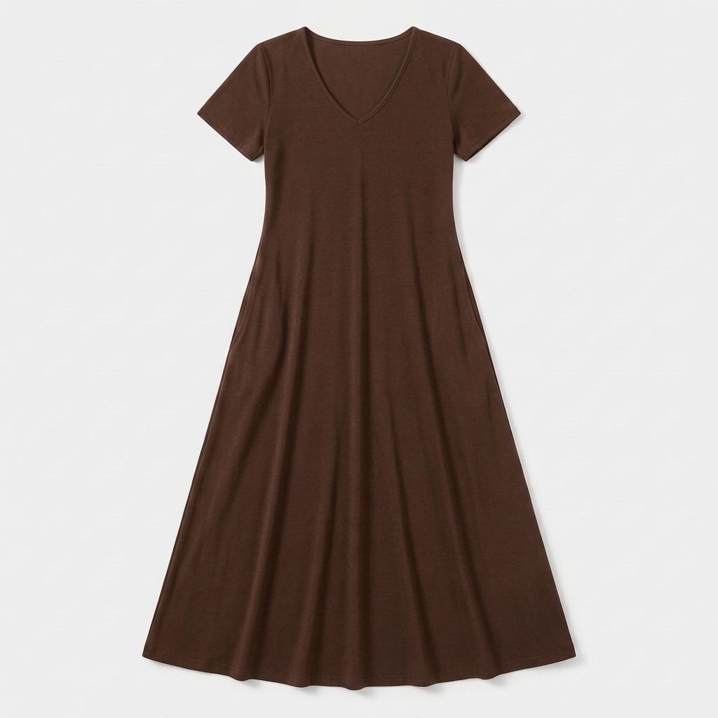 Rivaclo | Femme Robe Manches Courtes Col V – Design Midi Fluide