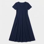Rivaclo | Femme Robe Manches Courtes Col V – Design Midi Fluide