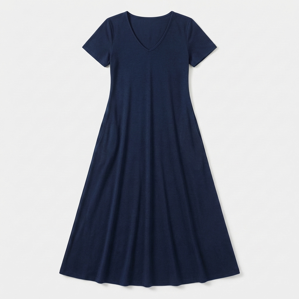 Rivaclo | Femme Robe Manches Courtes Col V – Design Midi Fluide