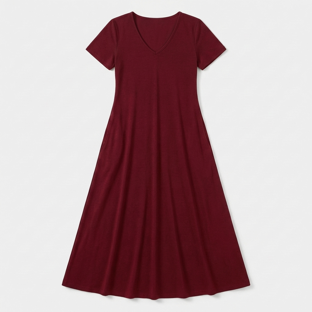 Rivaclo | Femme Robe Manches Courtes Col V – Design Midi Fluide