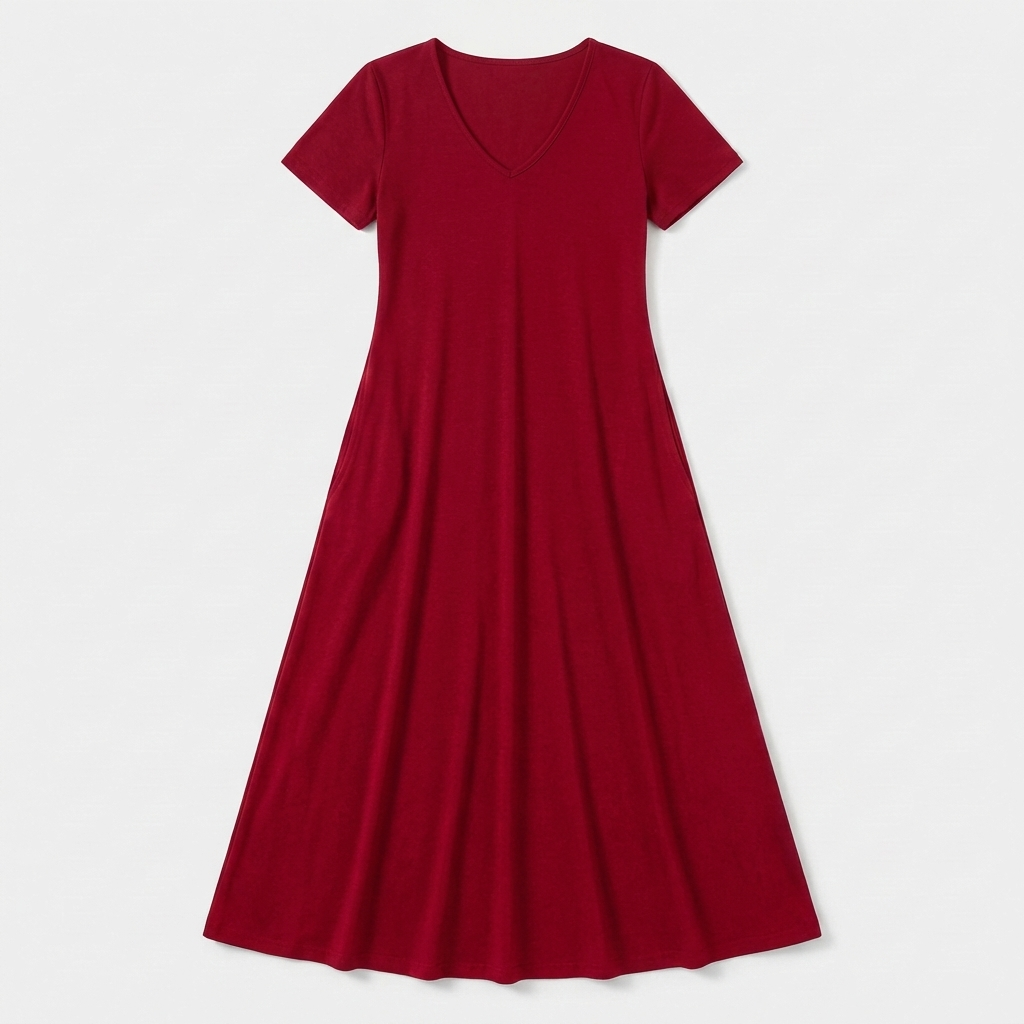 Rivaclo | Femme Robe Manches Courtes Col V – Design Midi Fluide