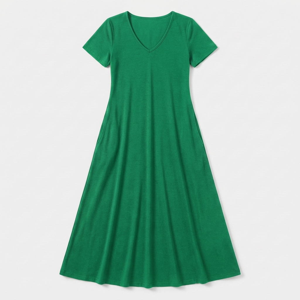 Rivaclo | Femme Robe Manches Courtes Col V – Design Midi Fluide
