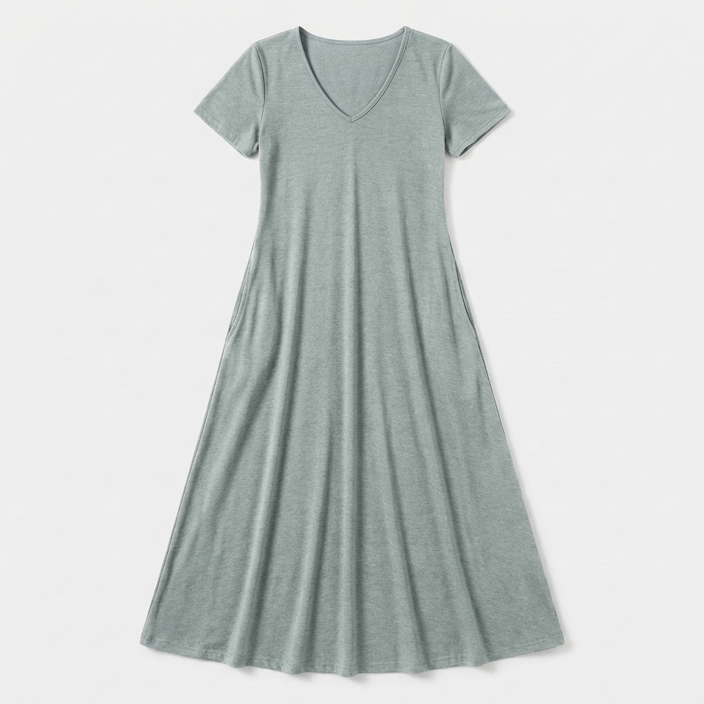 Rivaclo | Femme Robe Manches Courtes Col V – Design Midi Fluide