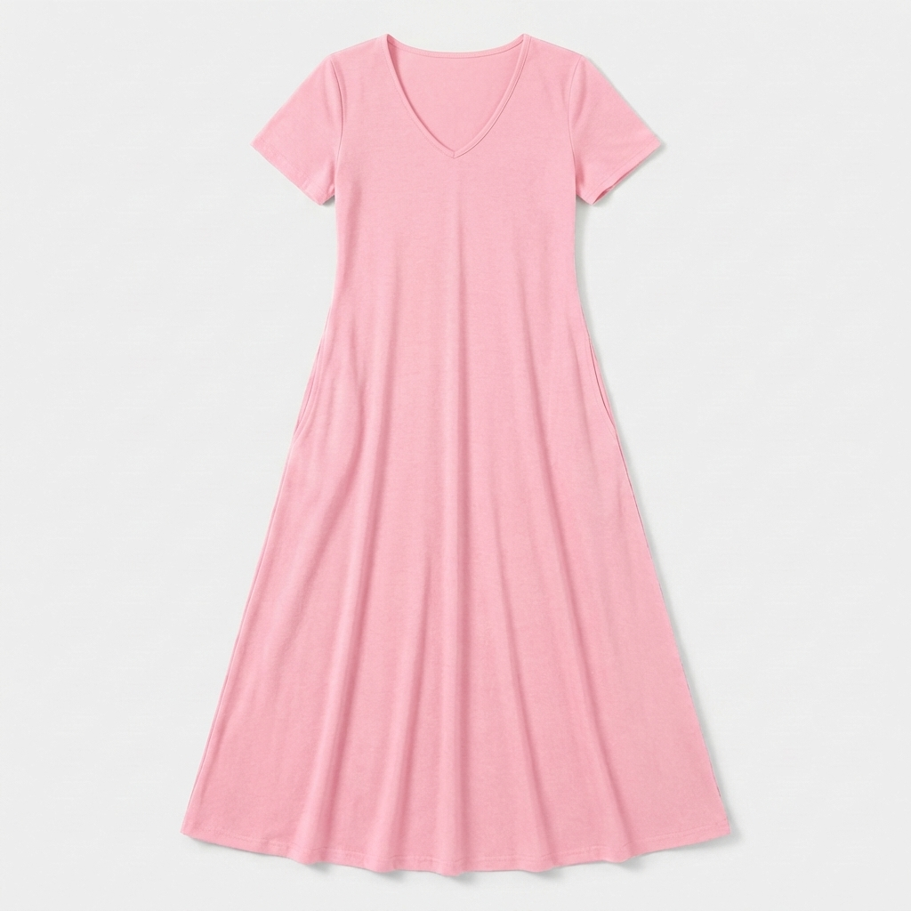 Rivaclo | Femme Robe Manches Courtes Col V – Design Midi Fluide