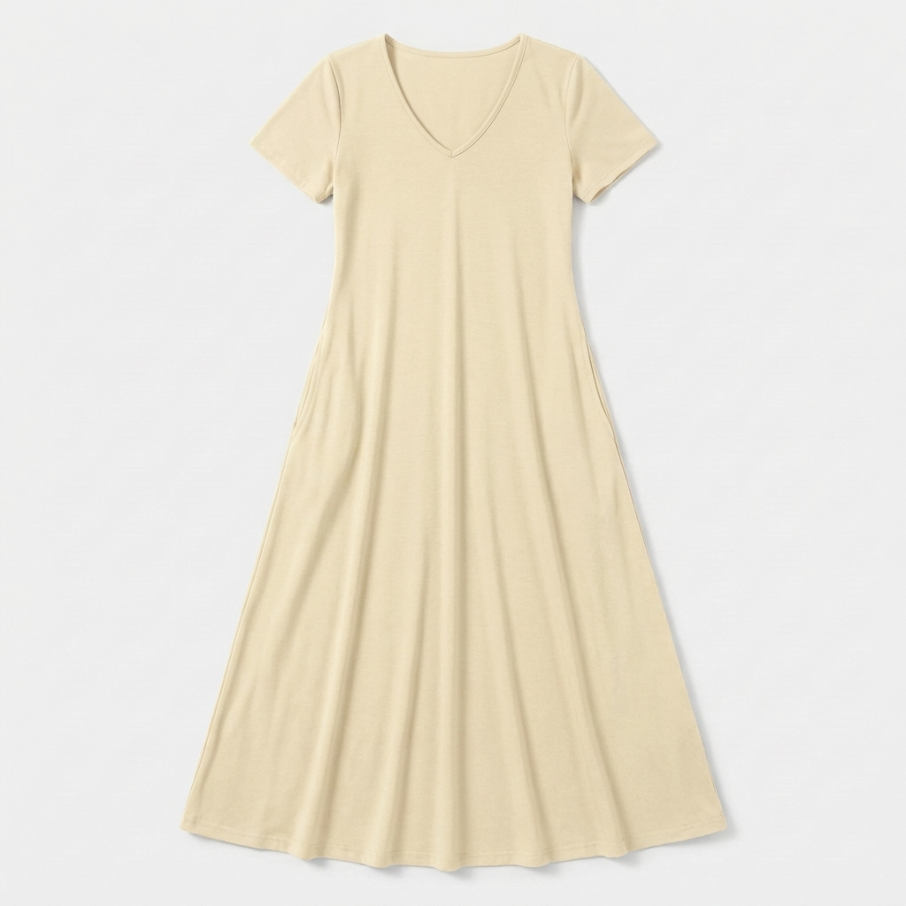 Rivaclo | Femme Robe Manches Courtes Col V – Design Midi Fluide