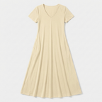 Rivaclo | Femme Robe Manches Courtes Col V – Design Midi Fluide