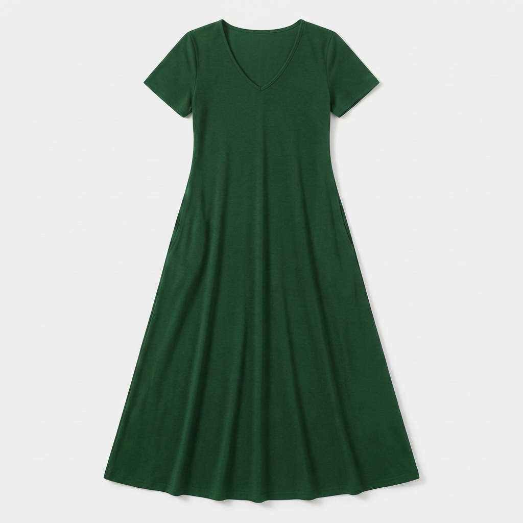 Rivaclo | Femme Robe Manches Courtes Col V – Design Midi Fluide