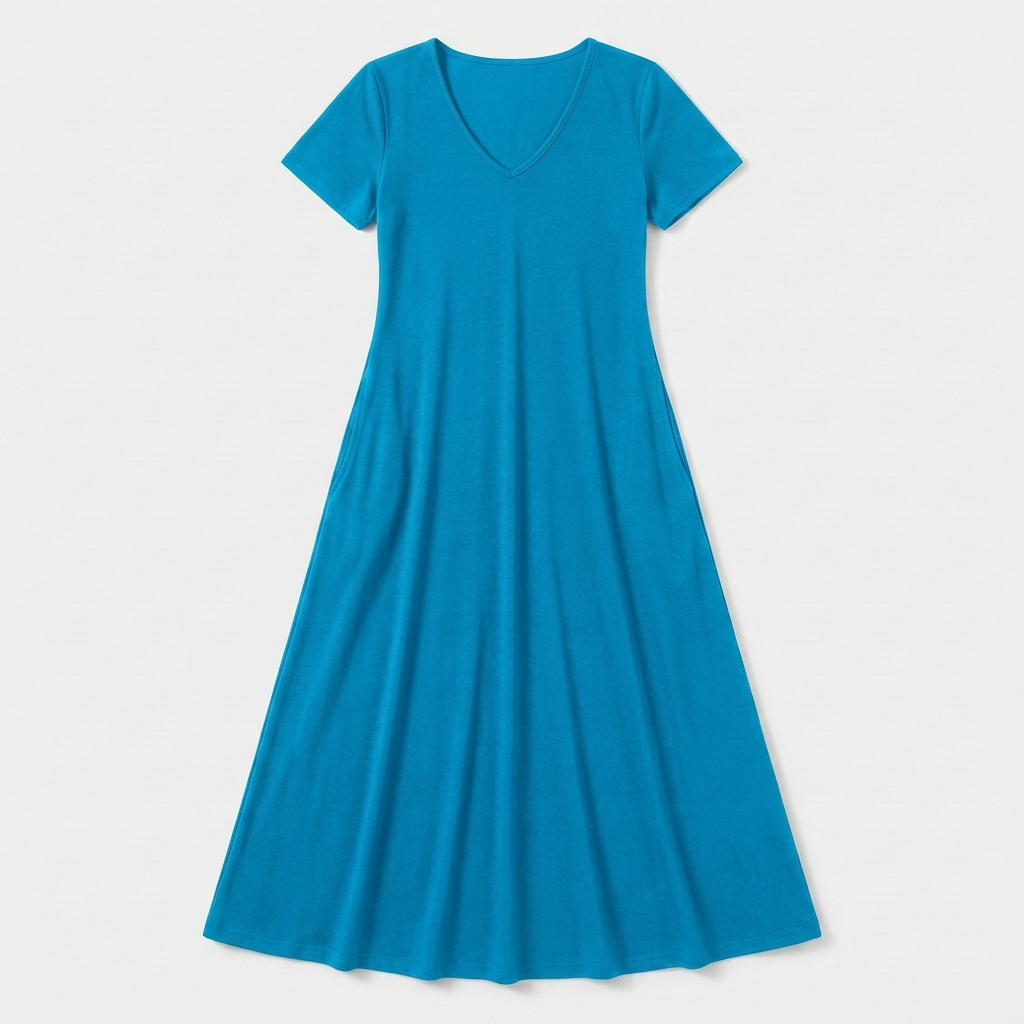 Rivaclo | Femme Robe Manches Courtes Col V – Design Midi Fluide