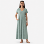 Rivaclo | Femme Robe Manches Courtes Col V – Design Midi Fluide