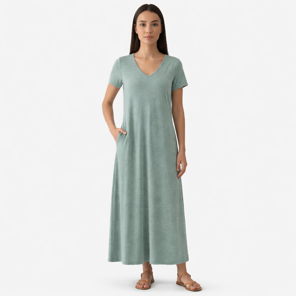 Rivaclo | Femme Robe Manches Courtes Col V – Design Midi Fluide