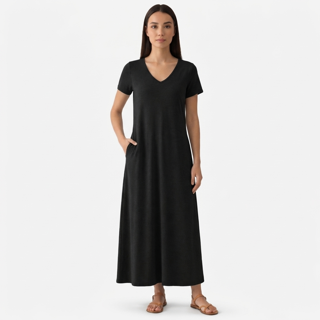 Rivaclo | Femme Robe Manches Courtes Col V – Design Midi Fluide