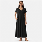 Rivaclo | Femme Robe Manches Courtes Col V – Design Midi Fluide