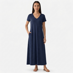 Rivaclo | Femme Robe Manches Courtes Col V – Design Midi Fluide