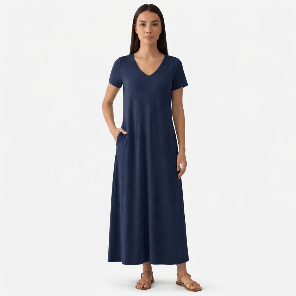 Rivaclo | Femme Robe Manches Courtes Col V – Design Midi Fluide