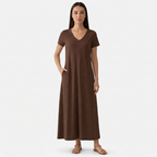 Rivaclo | Femme Robe Manches Courtes Col V – Design Midi Fluide