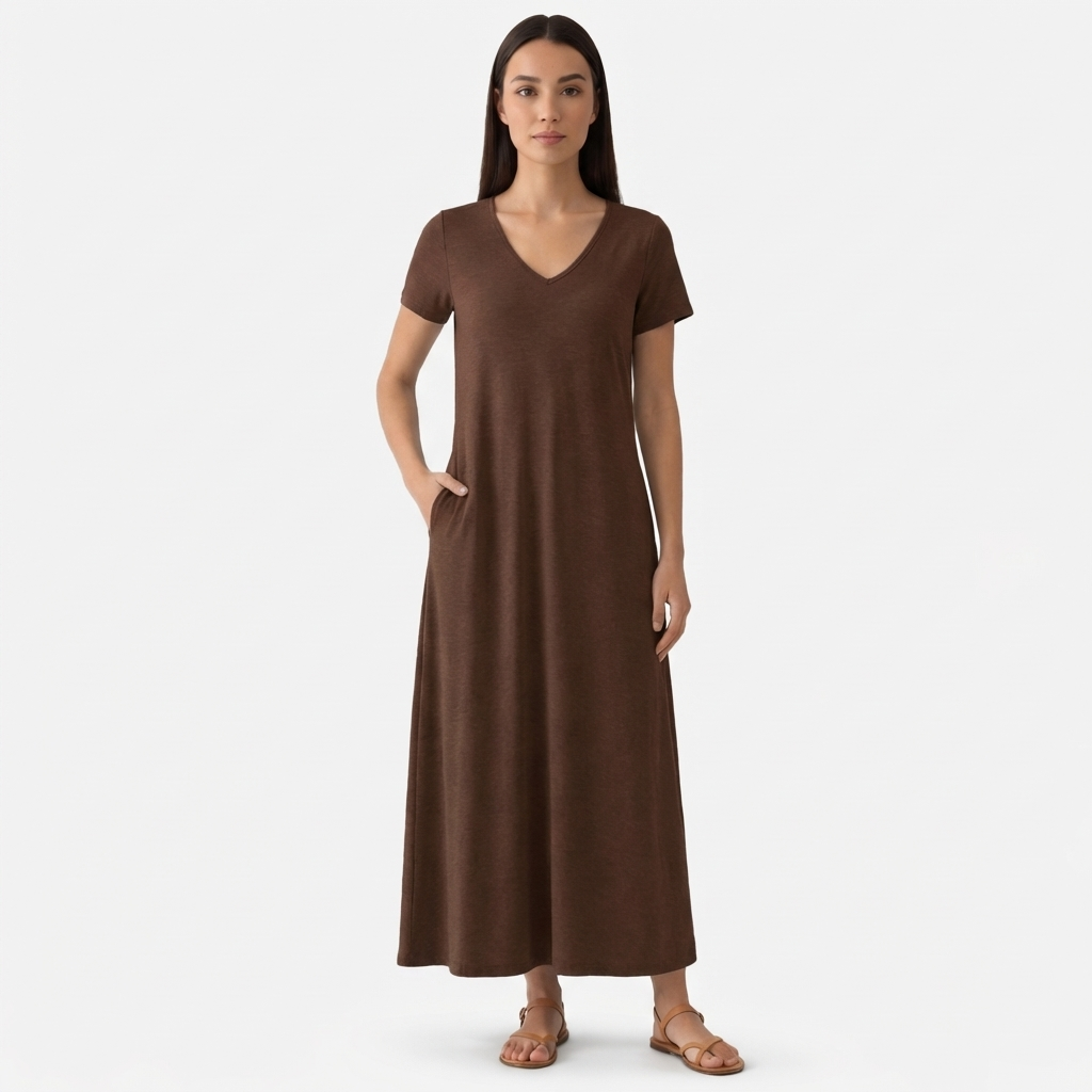 Rivaclo | Femme Robe Manches Courtes Col V – Design Midi Fluide