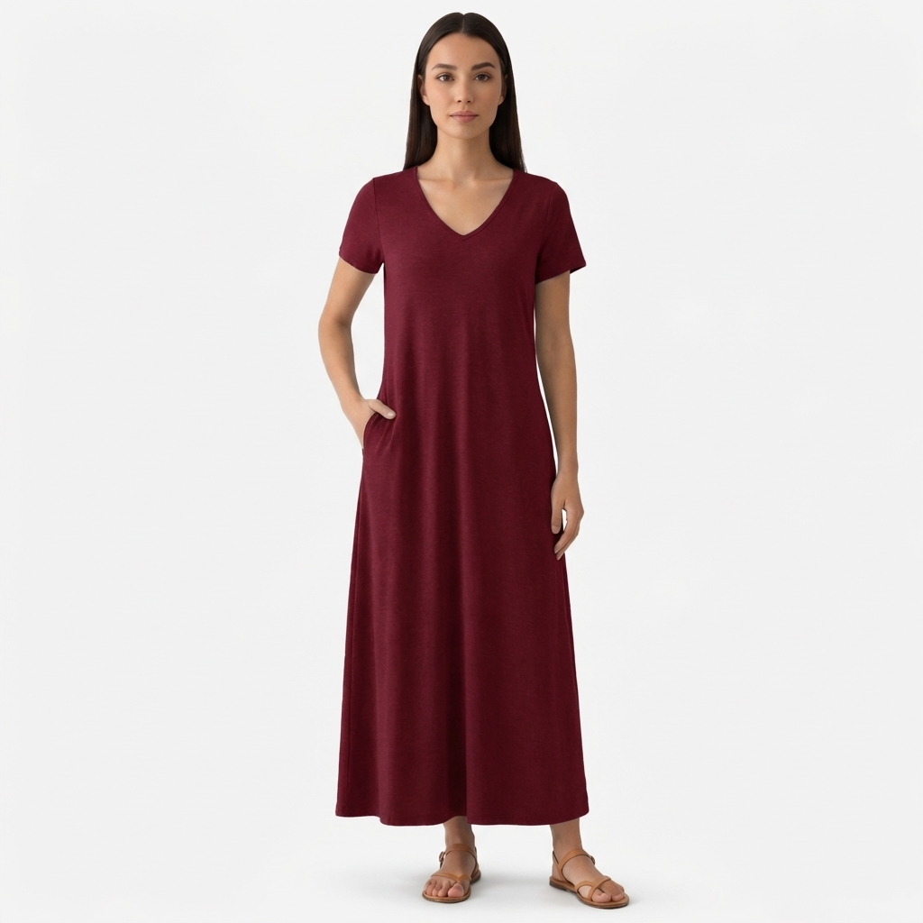 Rivaclo | Femme Robe Manches Courtes Col V – Design Midi Fluide