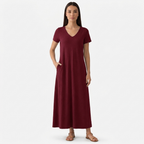 Rivaclo | Femme Robe Manches Courtes Col V – Design Midi Fluide