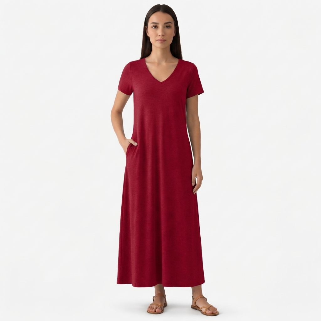 Rivaclo | Femme Robe Manches Courtes Col V – Design Midi Fluide