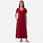 Rivaclo | Femme Robe Manches Courtes Col V – Design Midi Fluide
