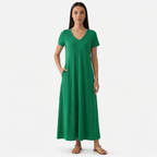 Rivaclo | Femme Robe Manches Courtes Col V – Design Midi Fluide