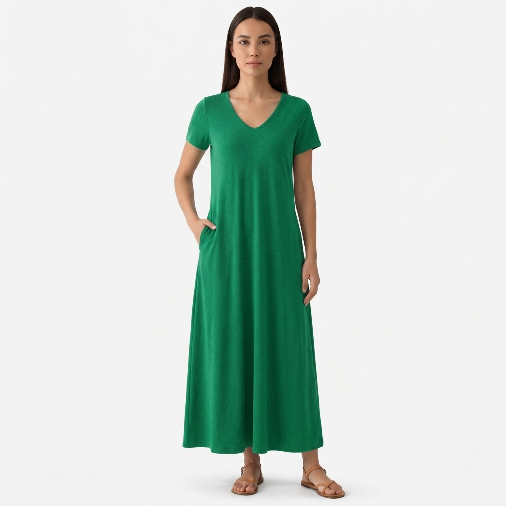 Rivaclo | Femme Robe Manches Courtes Col V – Design Midi Fluide