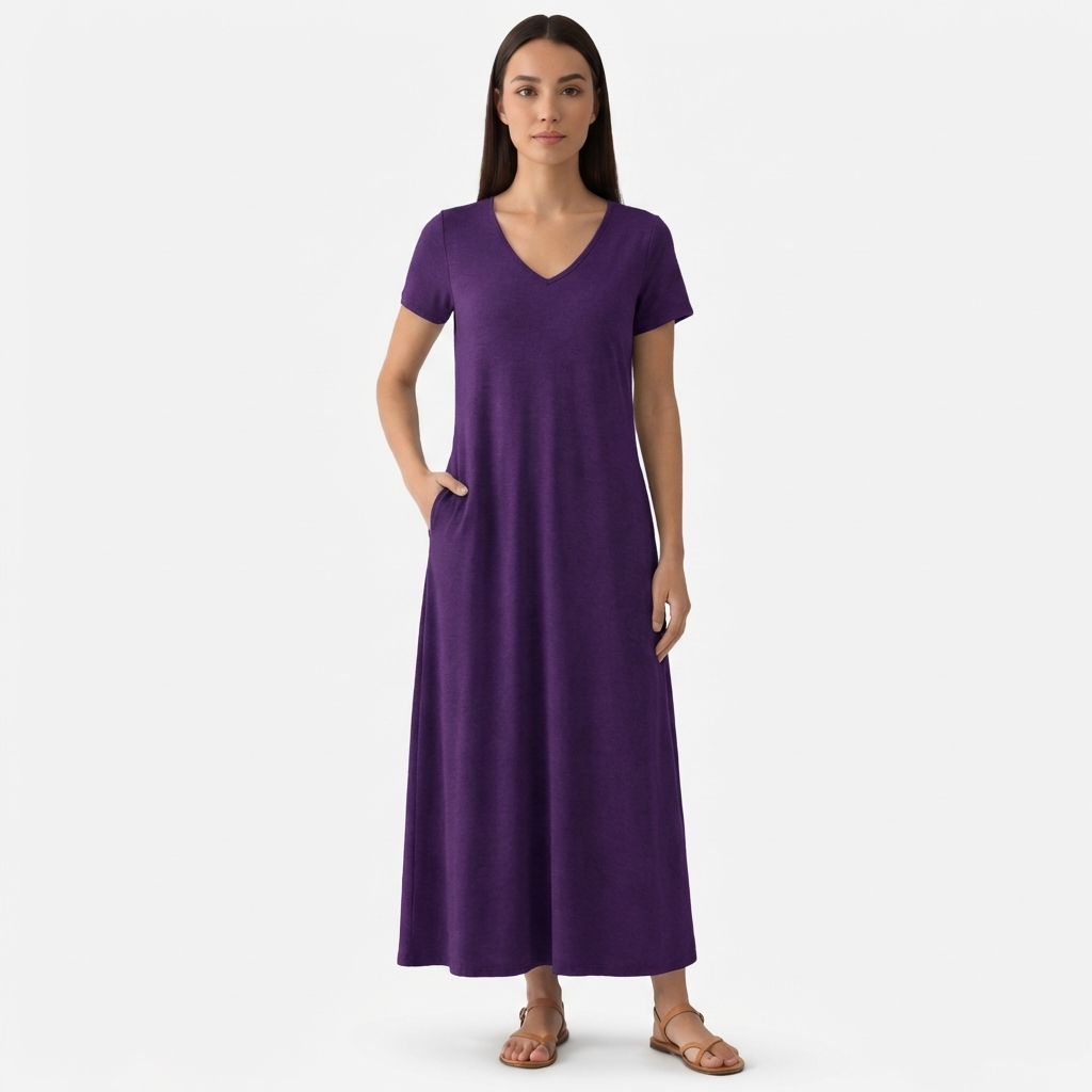 Rivaclo | Femme Robe Manches Courtes Col V – Design Midi Fluide
