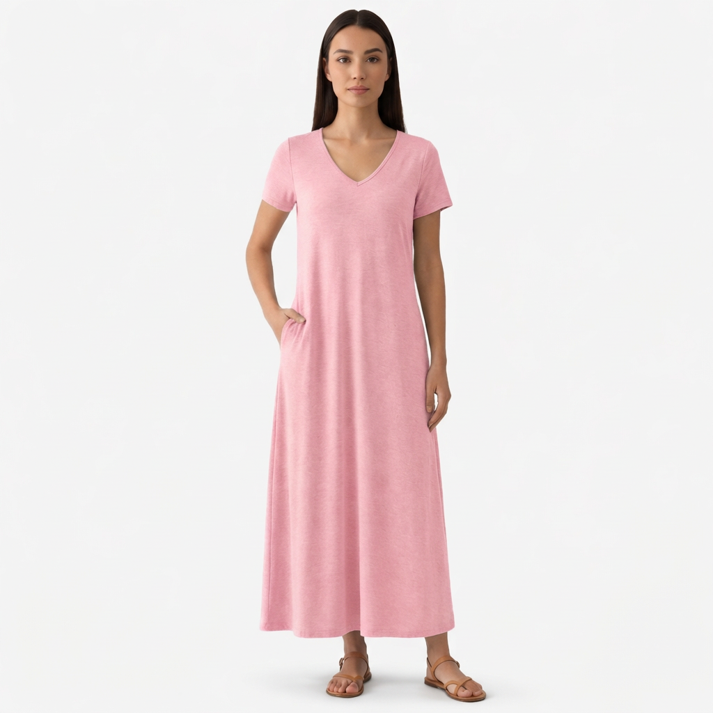 Rivaclo | Femme Robe Manches Courtes Col V – Design Midi Fluide