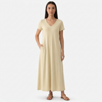 Rivaclo | Femme Robe Manches Courtes Col V – Design Midi Fluide