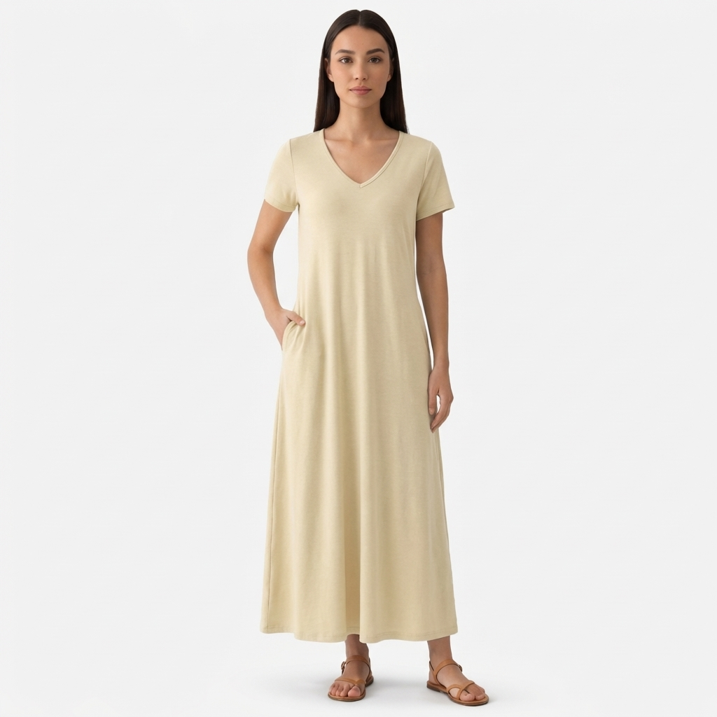 Rivaclo | Femme Robe Manches Courtes Col V – Design Midi Fluide