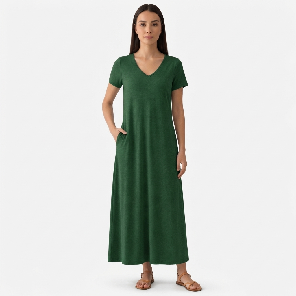 Rivaclo | Femme Robe Manches Courtes Col V – Design Midi Fluide