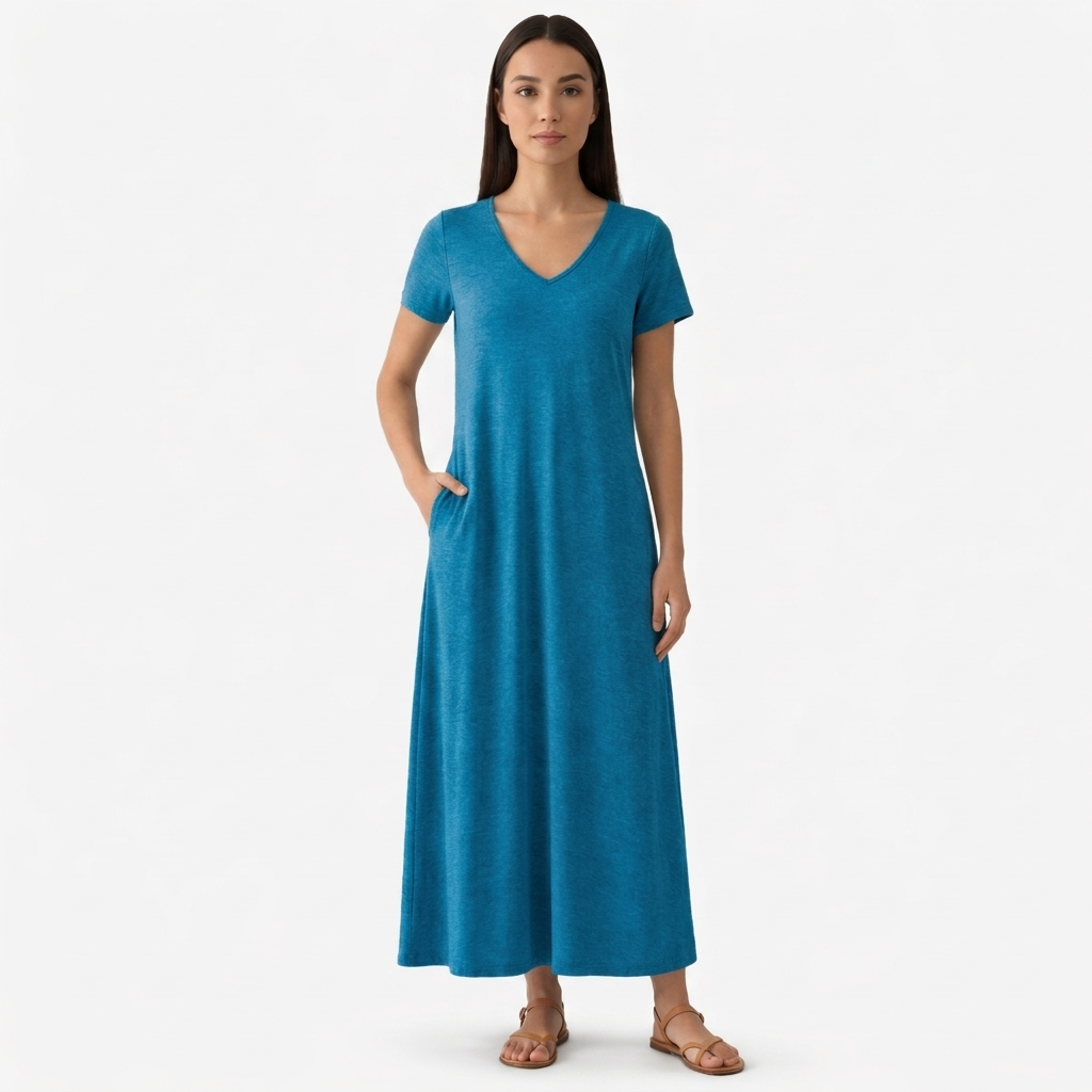 Rivaclo | Femme Robe Manches Courtes Col V – Design Midi Fluide