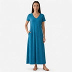 Rivaclo | Femme Robe Manches Courtes Col V – Design Midi Fluide