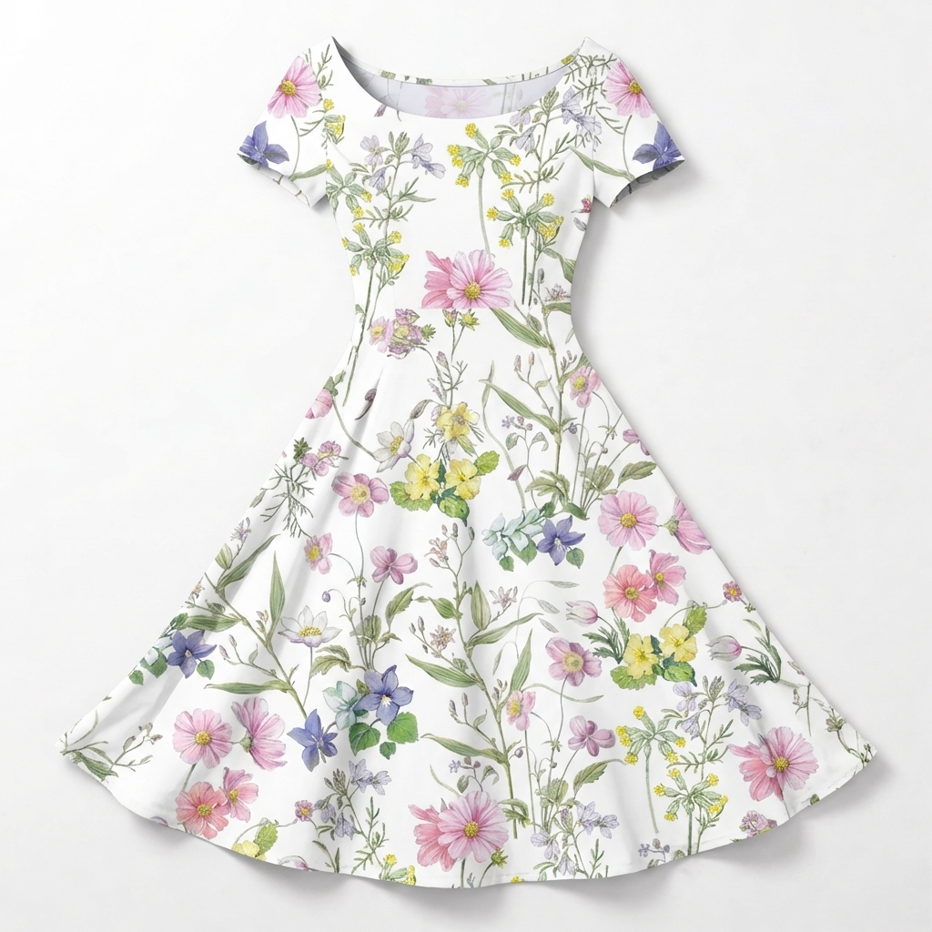 Rivaclo | Femme Robe Florale Manches Courtes – Design Midi