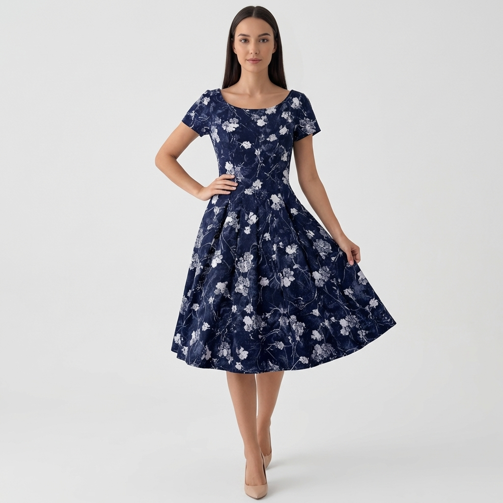 Rivaclo | Femme Robe Florale Manches Courtes – Design Midi
