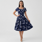 Rivaclo | Femme Robe Florale Manches Courtes – Design Midi