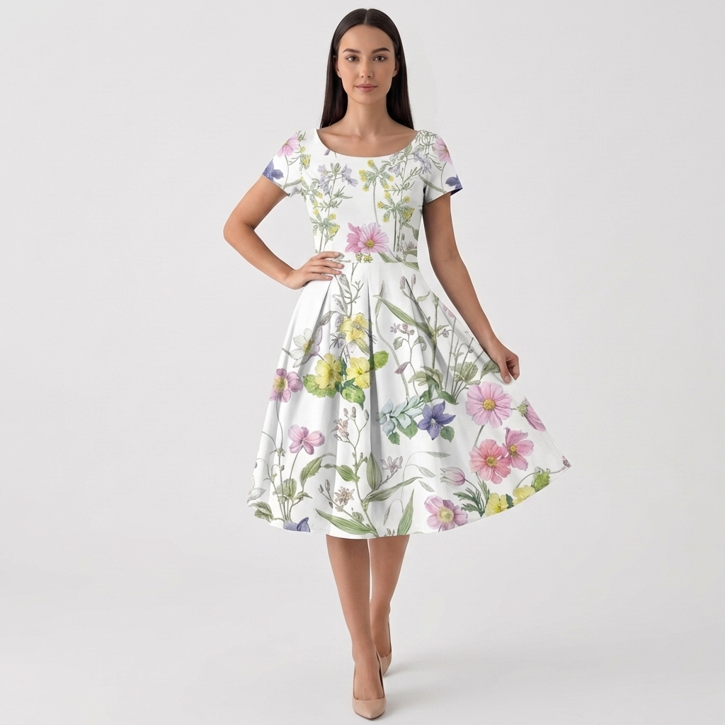 Rivaclo | Femme Robe Florale Manches Courtes – Design Midi