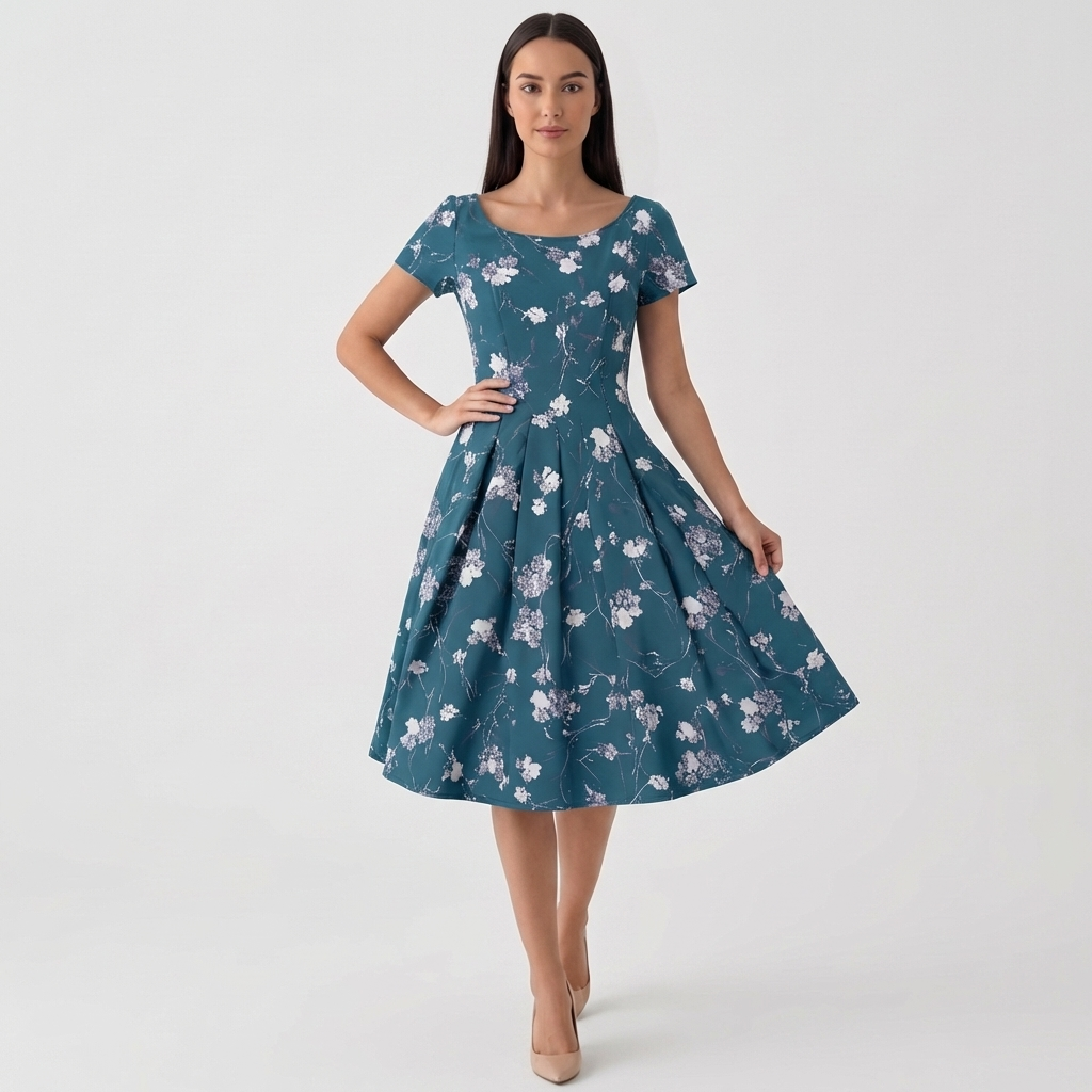 Rivaclo | Femme Robe Florale Manches Courtes – Design Midi