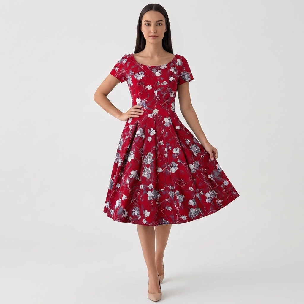 Rivaclo | Femme Robe Florale Manches Courtes – Design Midi
