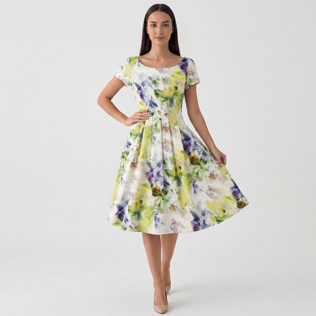 Rivaclo | Femme Robe Florale Manches Courtes – Design Midi