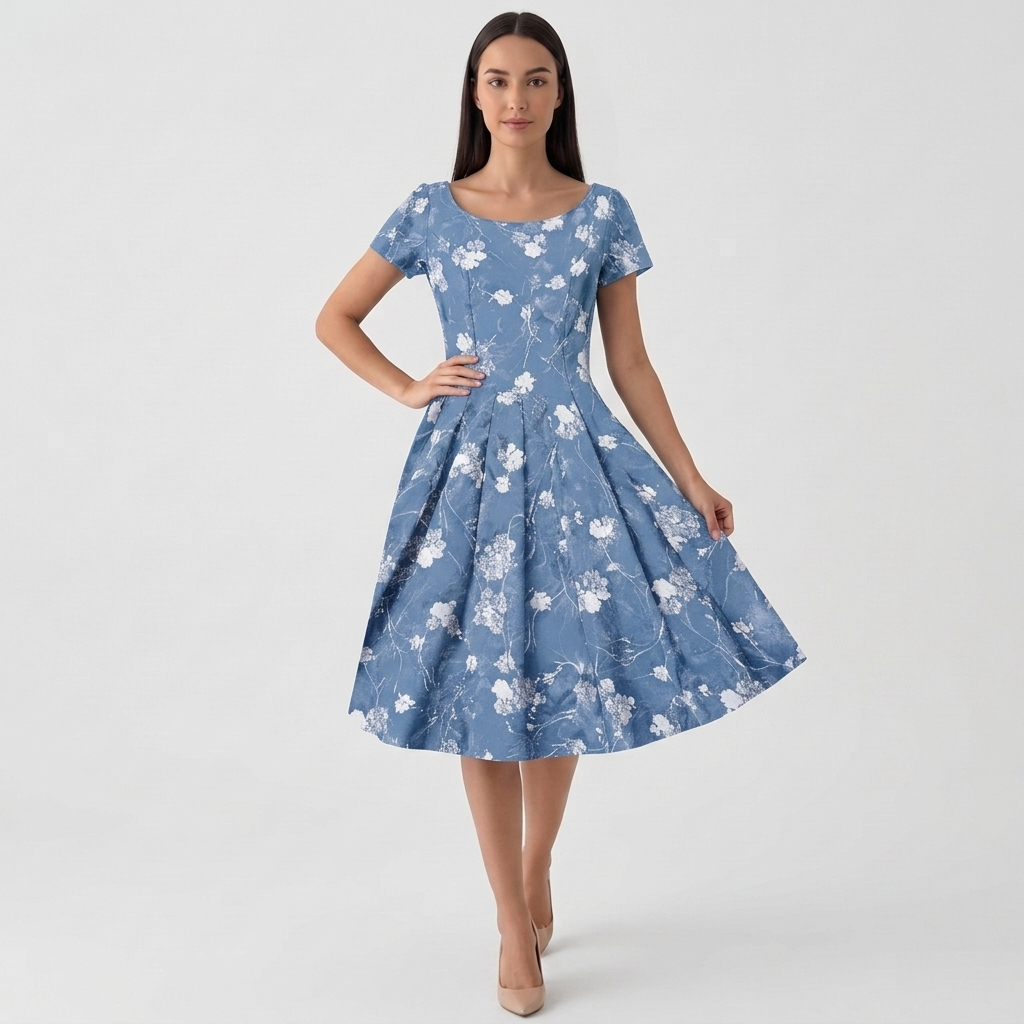 Rivaclo | Femme Robe Florale Manches Courtes – Design Midi