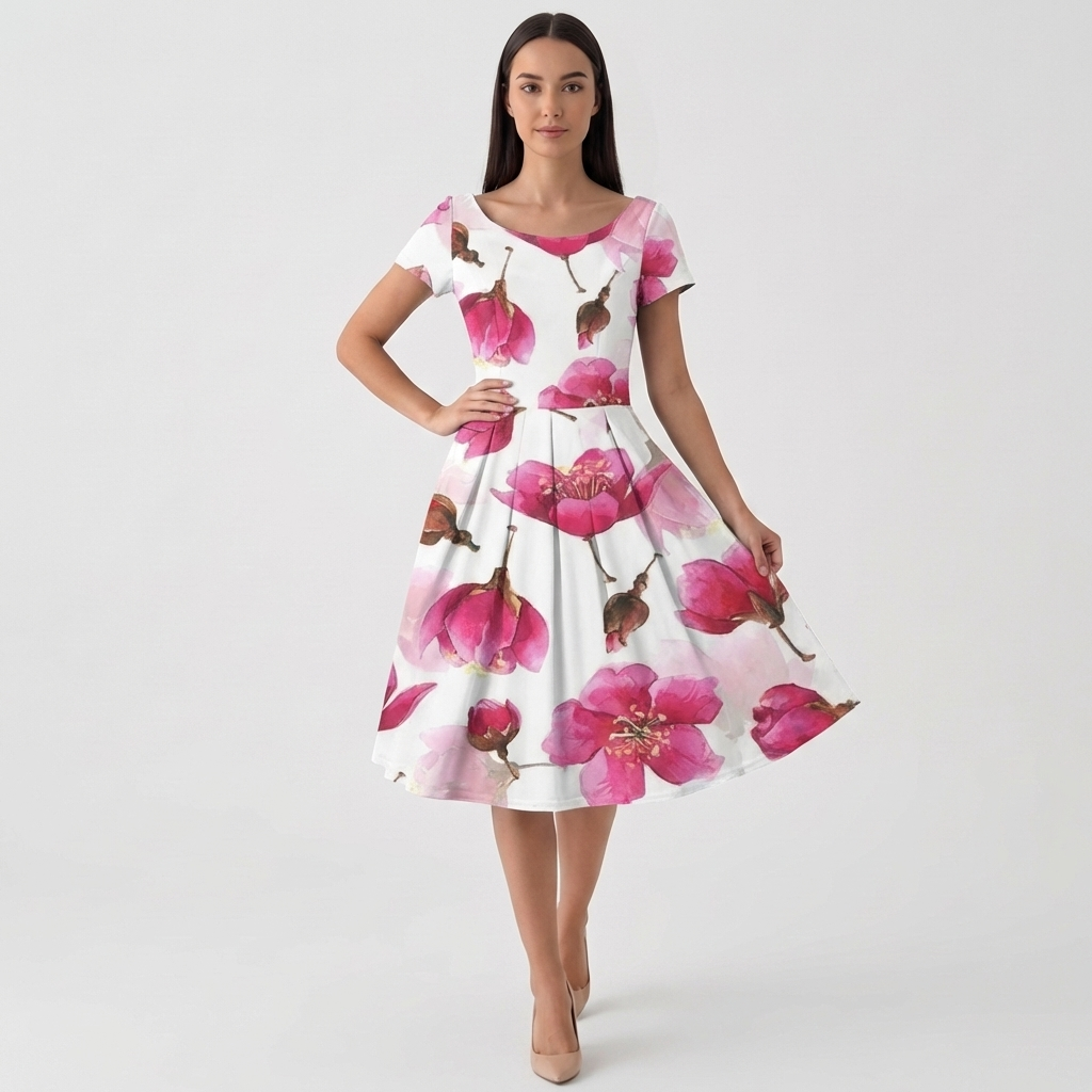 Rivaclo | Femme Robe Florale Manches Courtes – Design Midi