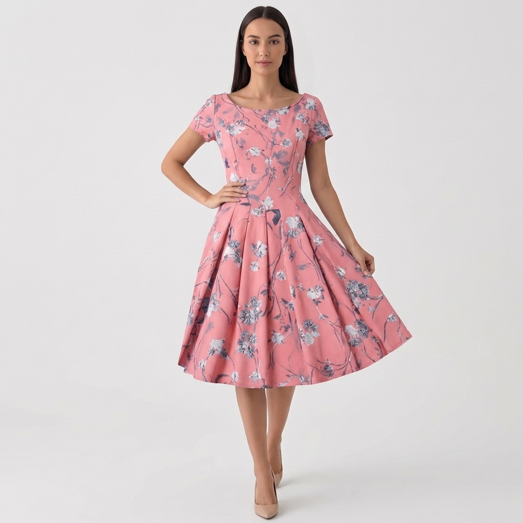 Rivaclo | Femme Robe Florale Manches Courtes – Design Midi