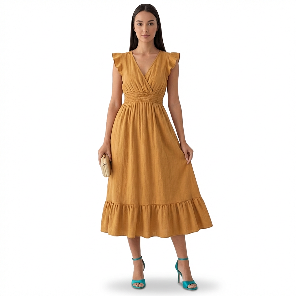 Rivaclo | Femme robe maxi à volants sans manches – col en V