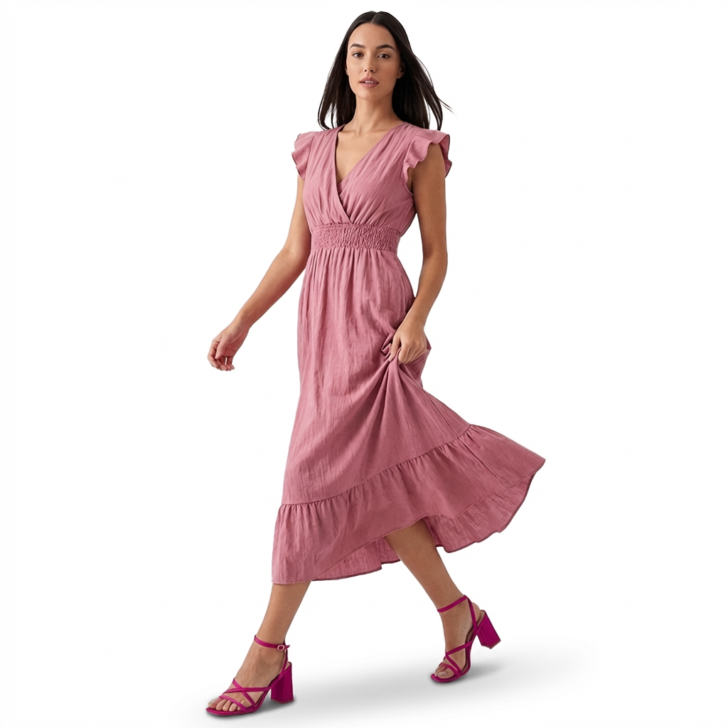 Rivaclo | Femme robe maxi à volants sans manches – col en V