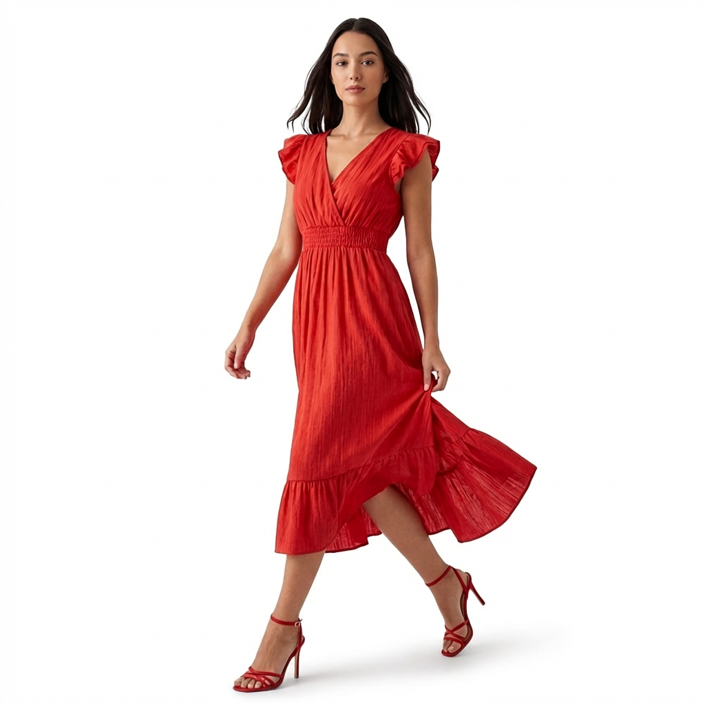 Rivaclo | Femme robe maxi à volants sans manches – col en V